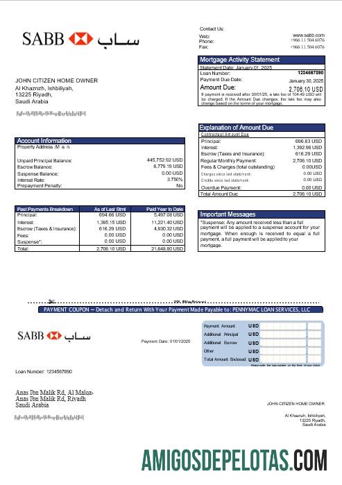Declaração de hipoteca do banco SABB da Arábia Saudita em formatos Word e PDF amostra